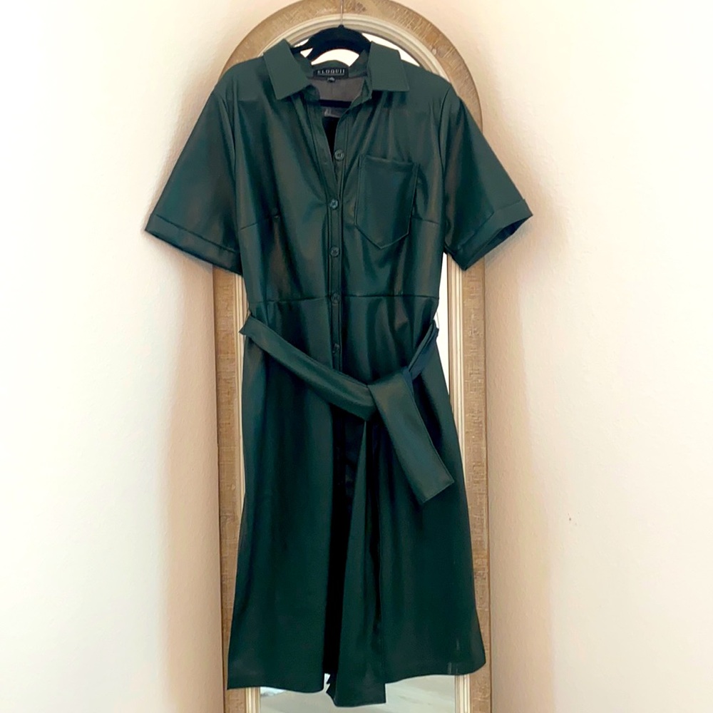 Faux Leather Button Down Dress with Wide Tie Band